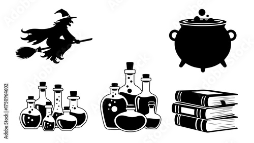 Black Silhouette Halloween Witchcraft Icons Set with Potions, Cauldron, Books