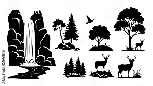Monochrome Nature and Wildlife Silhouettes Collection Vector Illustration Set