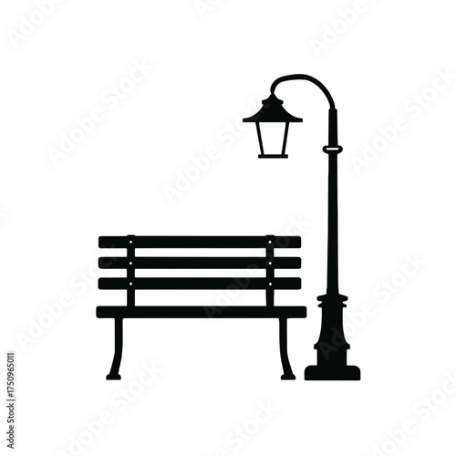 Park Bench and Street Lamp Silhouette Vector