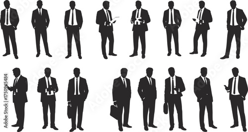Silhouette collection of businessmen standing and working, professional poses and gestures, leadership teamwork concept, corporate office illustration vector