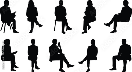 Silhouette collection of men and women sitting on chairs, business people posture set, office teamwork concept, minimal black vector illustration