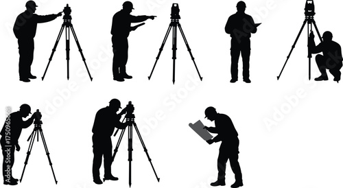 Silhouette surveyor working with tripod instrument, land surveying professional measuring equipment, geospatial engineer using theodolite, construction site mapping, civil engineering fieldwork, 