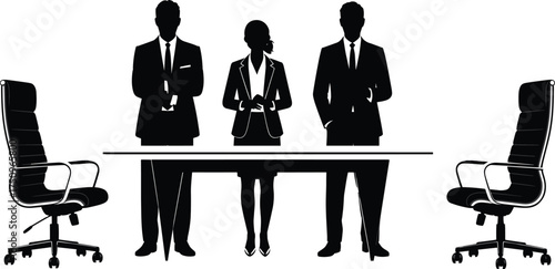 Silhouette illustration of business people standing in meeting room, teamwork collaboration concept, professional discussion and corporate leadership vector