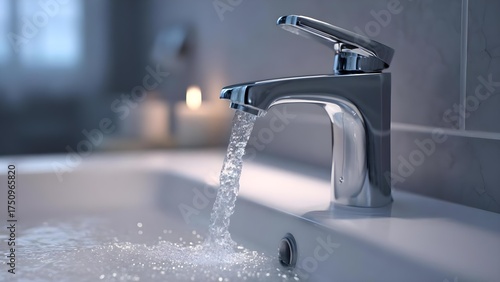 Close-up of a modern chrome bathroom faucet with water running into a sink. Concept Close-up, Chrome bathroom faucet, Water running, Modern bathroom, Sink detail
