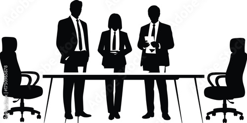 Silhouette illustration of business people standing in meeting room, teamwork collaboration concept, professional discussion and corporate leadership vector