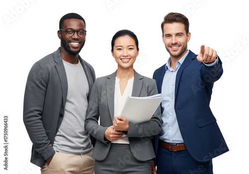 Business Team in Professional Attire Smiling and Pointing on White Background