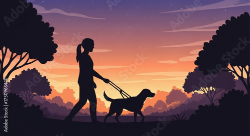 Silhouette of a woman walking a dog at sunset in a park.