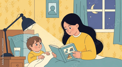 A mother reads a bedtime story to her child in a cozy bedroom, illuminated by a lamp.