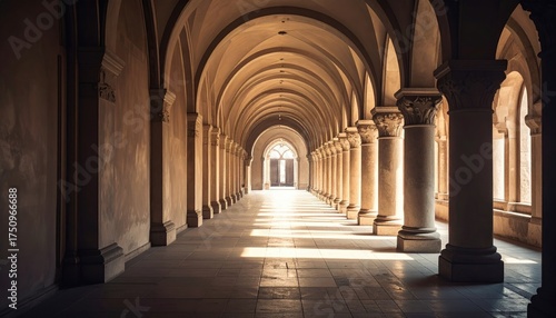Wallpaper Mural Sunlit Arched Hallway with Stone Pillars and Natural Light Streaming Through Windows Creating Dramatic Shadows and a Sense of Grandeur Torontodigital.ca