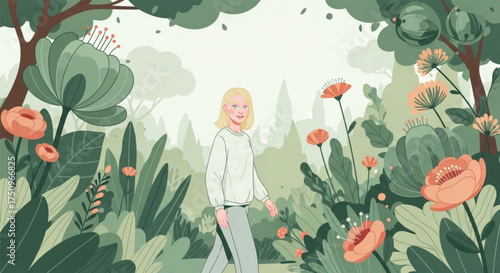 A woman with blonde hair walks through a lush garden filled with colorful flowers and green foliage.