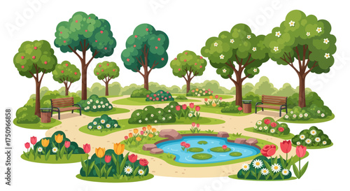 A whimsical illustrated summer garden scene with a lily pad pond lush trees and colorful flowerbeds.