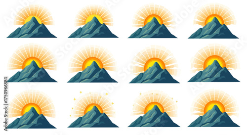 Sunrise over majestic blue mountains a radiant sun cresting peaks.