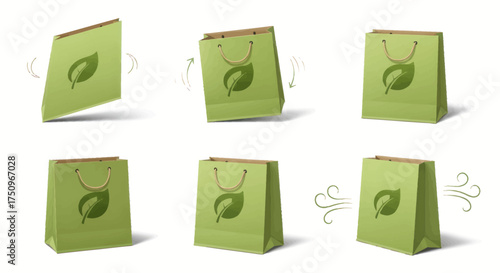 Green Paper Shopping Bags with Leaf Logo Various Angles.
