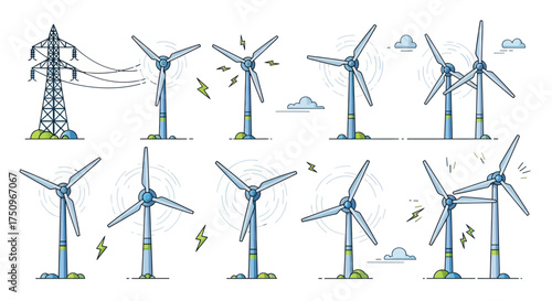 A collection of hand-drawn wind turbines and an electricity pylon illustrating renewable energy generation and power distribution in a sketchy doodle style.