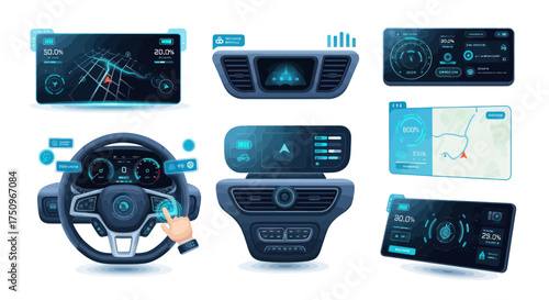 Car Dashboard Interface Elements with Navigation Speedometer and Control Panels.