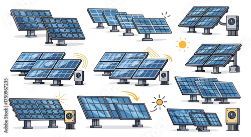 Hand-drawn style solar panel illustrations for clean renewable energy generation.
