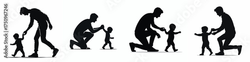 vector silhouette of father training baby to walk