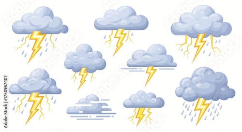 Cartoon thunderstorm weather icon set with gray storm clouds yellow lightning bolts and rain.