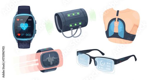 Collection of Wearable Health Monitoring Devices with Smart Technology.