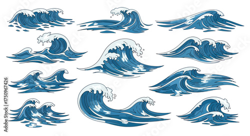Cartoon Ocean Waves Collection with Crashing Foam and Dynamic Movement.