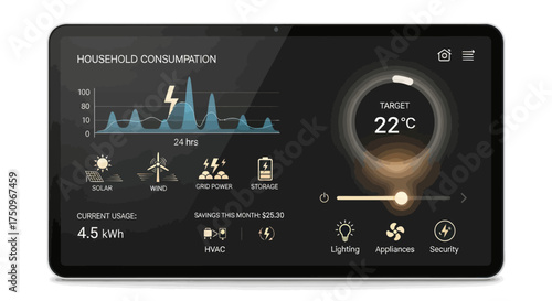 Modern Smart Home Control Panel Displaying Energy Consumption Data.