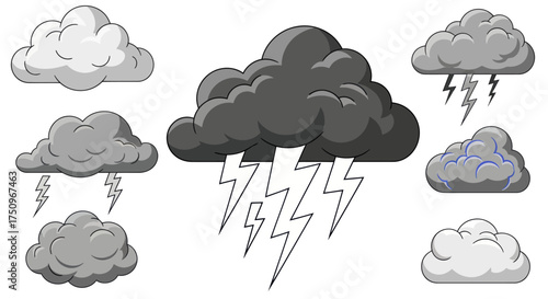 Collection of Diverse Storm Clouds with Lightning Strikes.