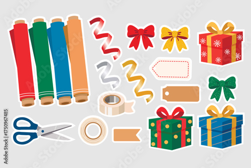 A set of Christmas stickers with gift wrapping elements rolls of colored and craft paper, scissors, tape, bows, decorative ribbons, gift boxes, tags.