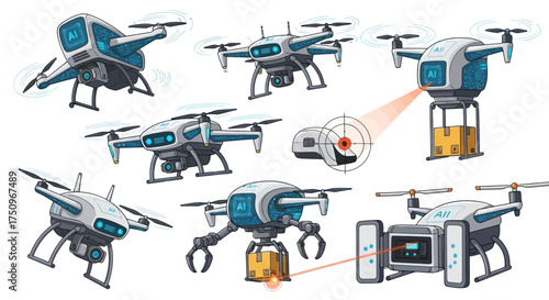 Collection of Illustrated Drones in Various Configurations and Actions.