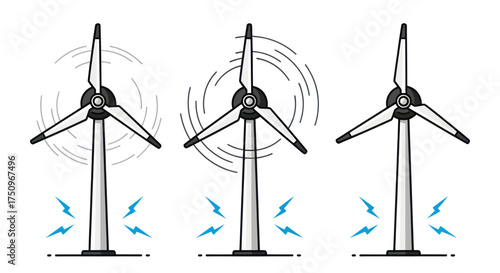 Three Wind Turbines Generating Renewable Energy with Lightning Bolts.