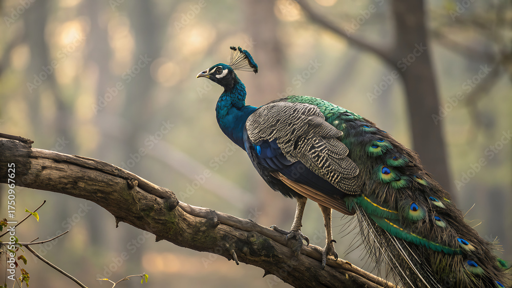 Obraz premium Peacock on branch, blue and green feathers, wildlife photography, forest animal, exotic bird