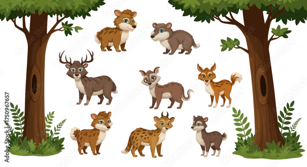 Fototapeta premium A charming collection of diverse cartoon forest animals standing amidst trees and foliage.