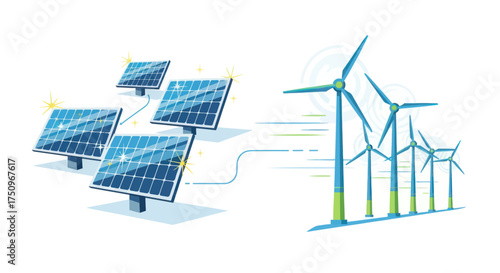 Renewable energy concept illustration with solar panels and wind turbines generating clean electricity.