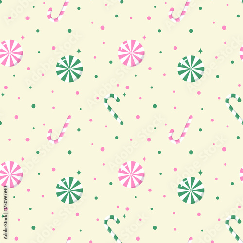 Pastel Christmas seamless pattern with candy cans, lollypops and polka dot isolated on background.Merry Xmas vector graphic illustration wallpaper.