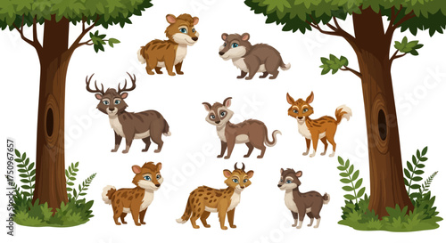 A charming collection of diverse cartoon forest animals standing amidst trees and foliage.