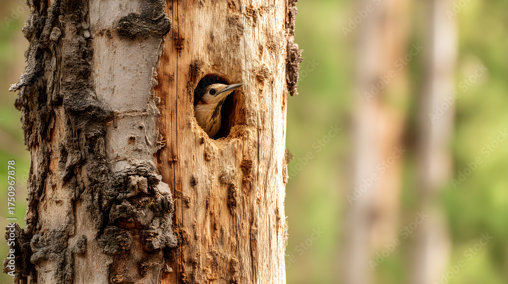 Fototapeta premium Woodpecker fledgling peering from tree cavity nest