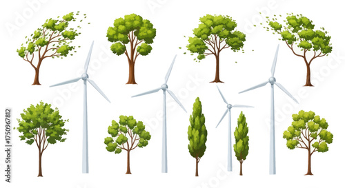 Diverse Green Trees and White Wind Turbines in a Collection.
