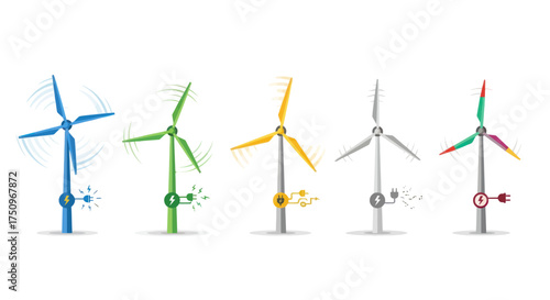 Colorful Array of Stylized Wind Turbines Generating Energy.