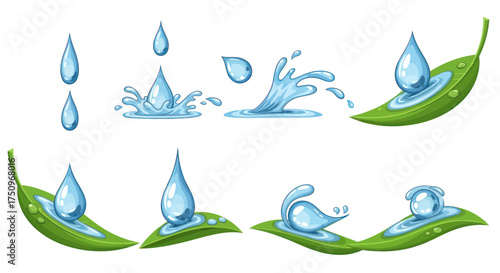 Artistic Watercolor Illustrations of Water Droplets and Green Leaves.