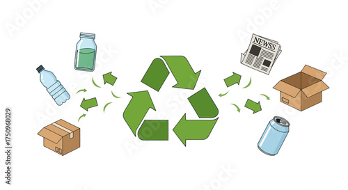 Recycling Symbol with Various Recyclable Materials Illustration.