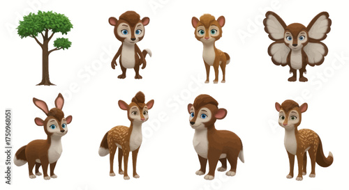 Collection of Cute Cartoon Deer and a Tree.