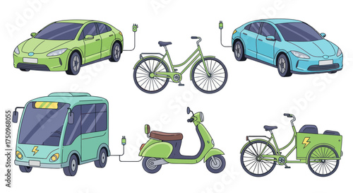 Illustrated collection of green energy transportation: electric cars bus scooter and bicycles.