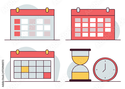 Red calendars and timekeeping objects with yellow and grey accents hourglass clock