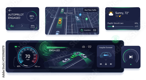 Modern Digital Car Dashboard Infotainment System Screens with Navigation and Autonomous Features.