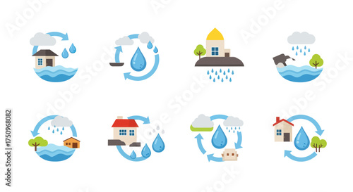 Illustrated Flood and Water Cycle Icons Depicting Environmental Concerns.