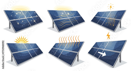 A collection of solar panel illustrations depicting various states: energy generation heat wind damage and power flow.