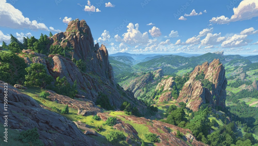 Fototapeta premium Panoramic mountain vista, rocky peaks, lush valley, sunny day