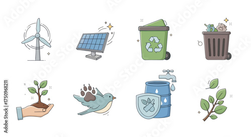 Eco-Friendly Flat Line Icons: Renewable Energy Recycling Nature Conservation.