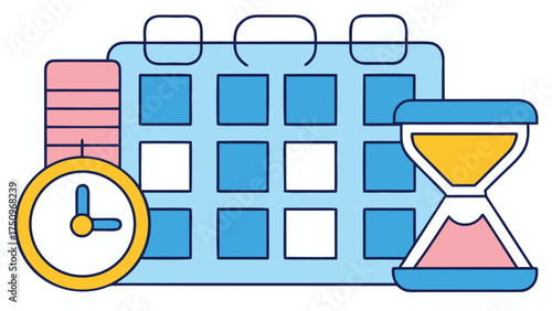 Calendar clock hourglass and stacked rectangles time planning