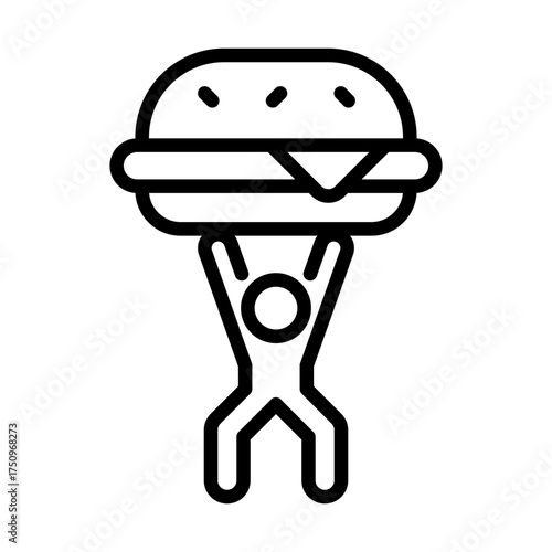 gluttony clip art icon symbol, eating disorder, unhealthy eating, hungry man lifting big burger, isolated line vector illustration