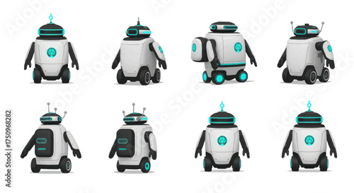 Collection of eight futuristic white and teal robots with wheels and antennas.